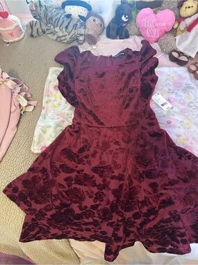 Girls Burgundy Velvet Floral Fit & Flare Dress